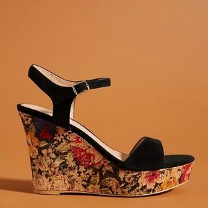 Anthropologie Black Floral Wedges